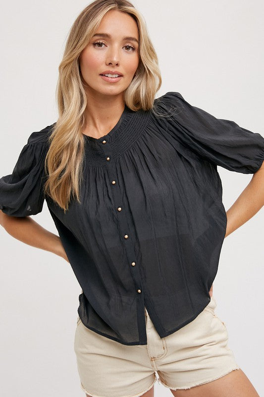 Ruched Neck Button Down Blouse