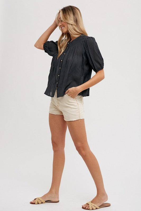 Ruched Neck Button Down Blouse