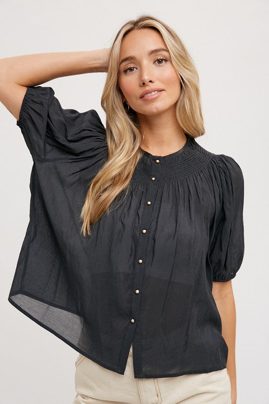 Ruched Neck Button Down Blouse